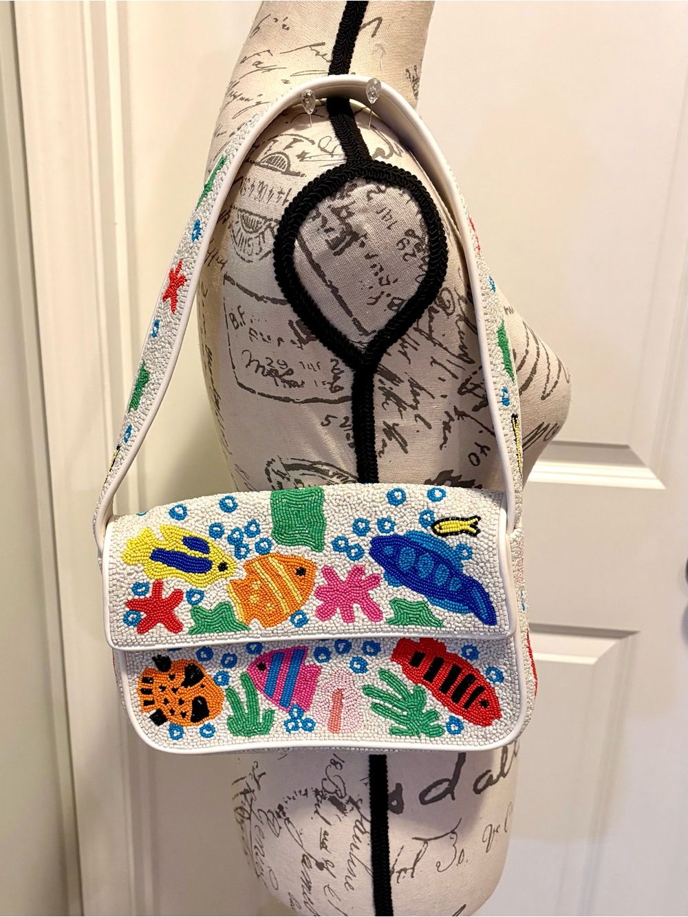STAUD Tommy Hand Beaded Tropical Fish Shoulder Bag White Leather